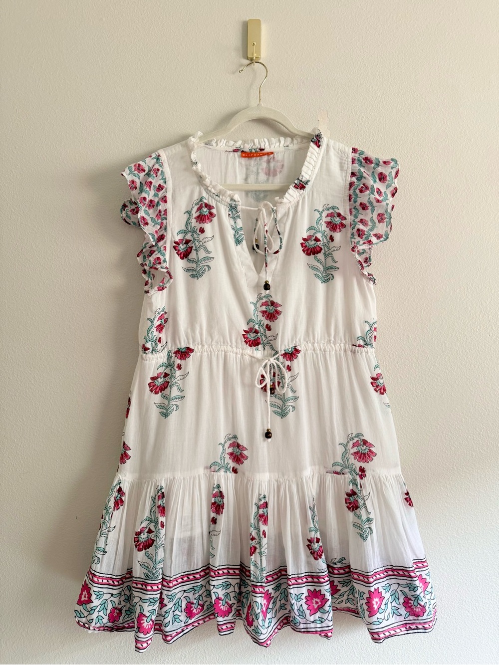 Oliphant Cinched Flirty mini dress cotton voile white pink floral Sz L - Picture 1 of 12